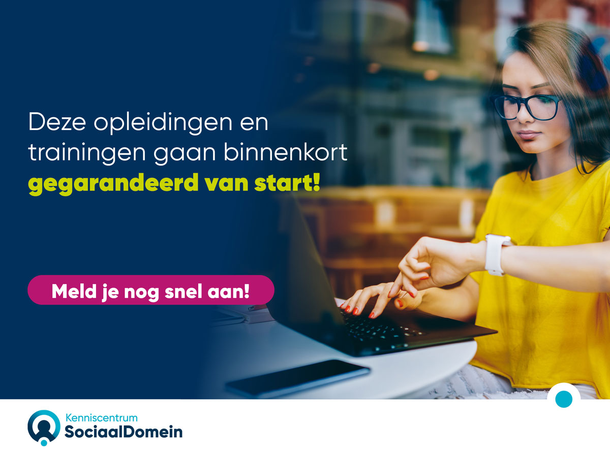 Afbeelding van vrouw voor computer met tekst 'deze opleidingen en trainingen gaan binnenkort gegarandeerd van start'